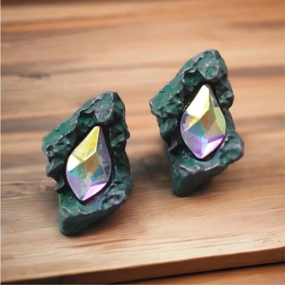 Crystal Stud Earrings Green Patina